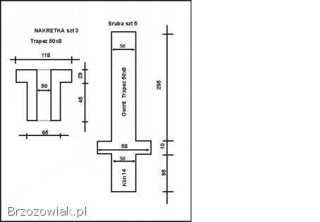 Śruba trapezową Fi 50x8 oraz nakrętka z brązu